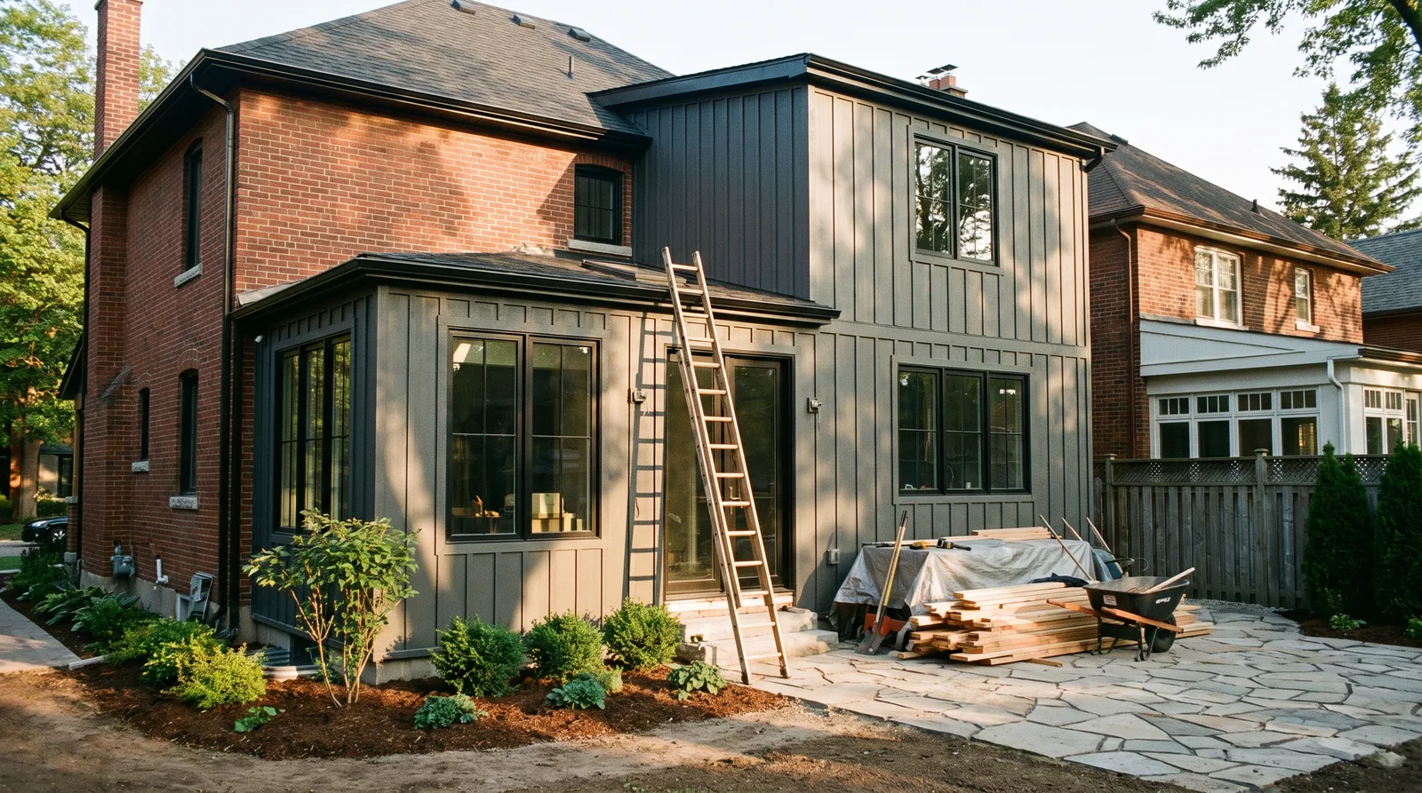 Two-storey rear home addition nearing completion on a Brantford brick house