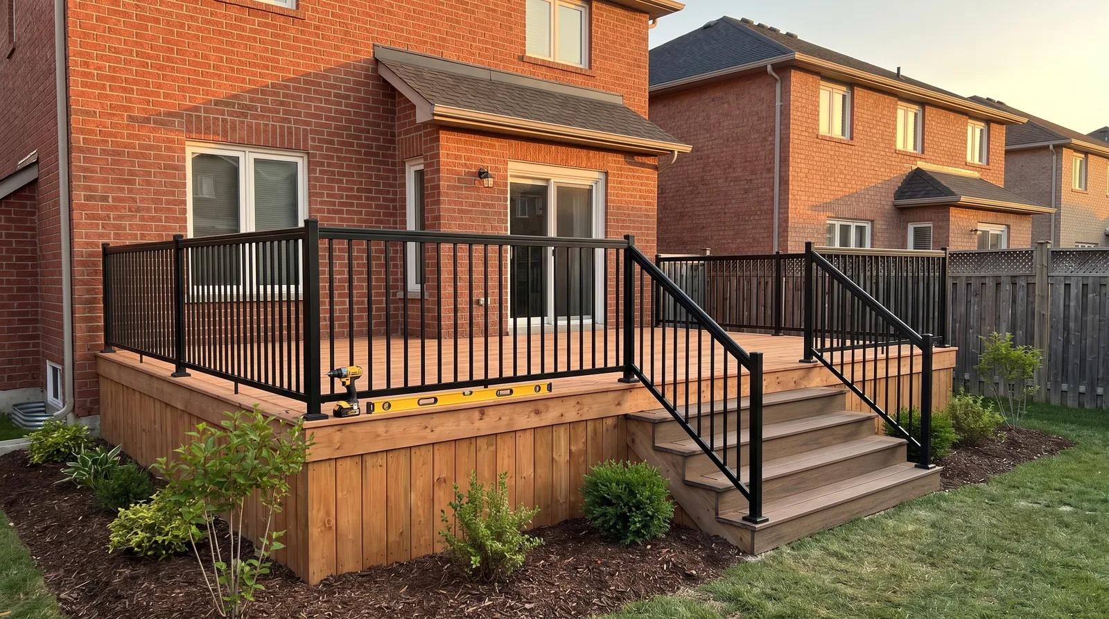 Newly built pressure-treated deck with aluminum railings in Brantford