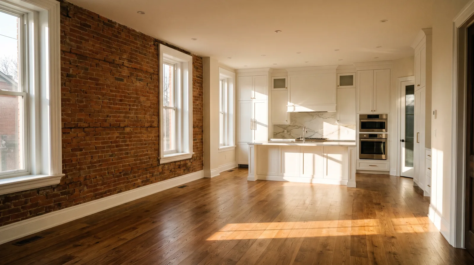 Renovated open-concept main floor in a century Brantford brick home with new kitchen and refinished hardwood