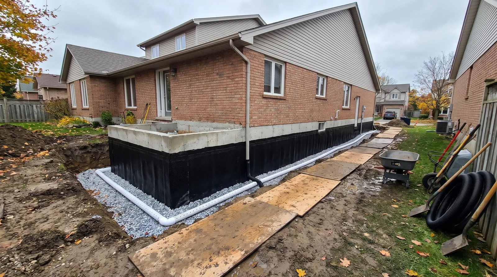 Exterior foundation waterproofing membrane and weeping tile installation in Brantford